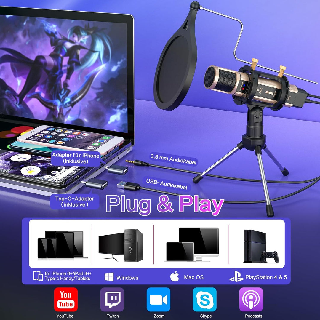 zealsound Mini USB Mikrofon mit Rauschunterdrückung & Eingebauter Hall für Vocal Aufnahmen, Streamin