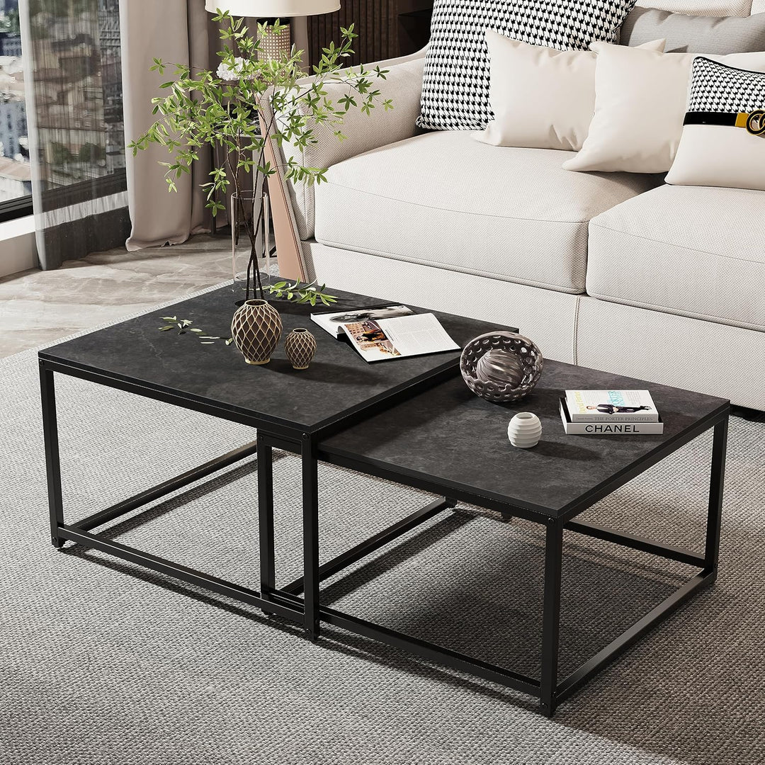 FATIVO Couchtisch Schwarz Marmor Wohnzimmertisch: beistelltisch 2er Set modern sofatisch quadratisch