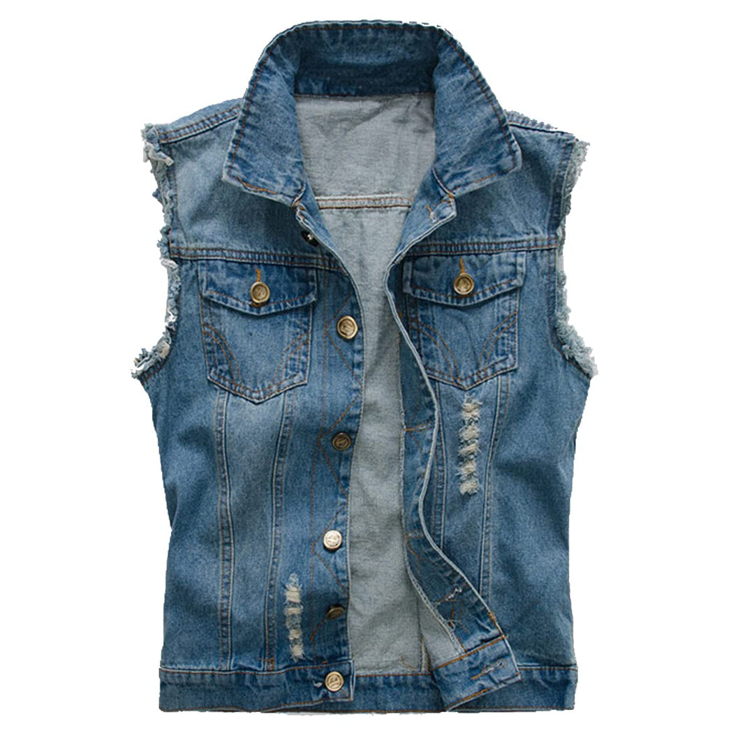 Herren Denim Westen Zerrissen Casual Ärmellos Biker Fashion Jeansweste, Blau