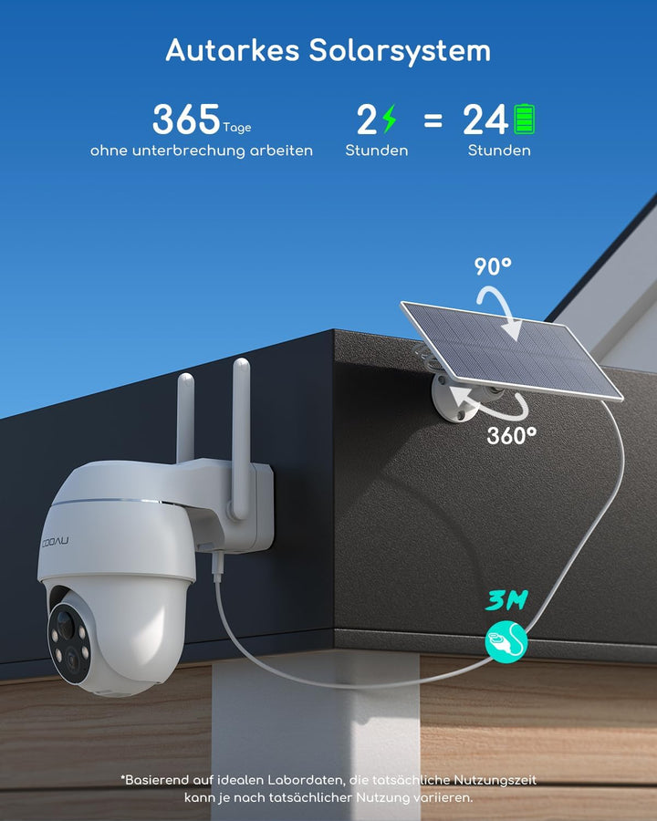 COOAU 4MP Überwachungskamera Aussen Solar Set - 365Tage mit Solarpanel - 2.5K Kabellos Kamera Überwa