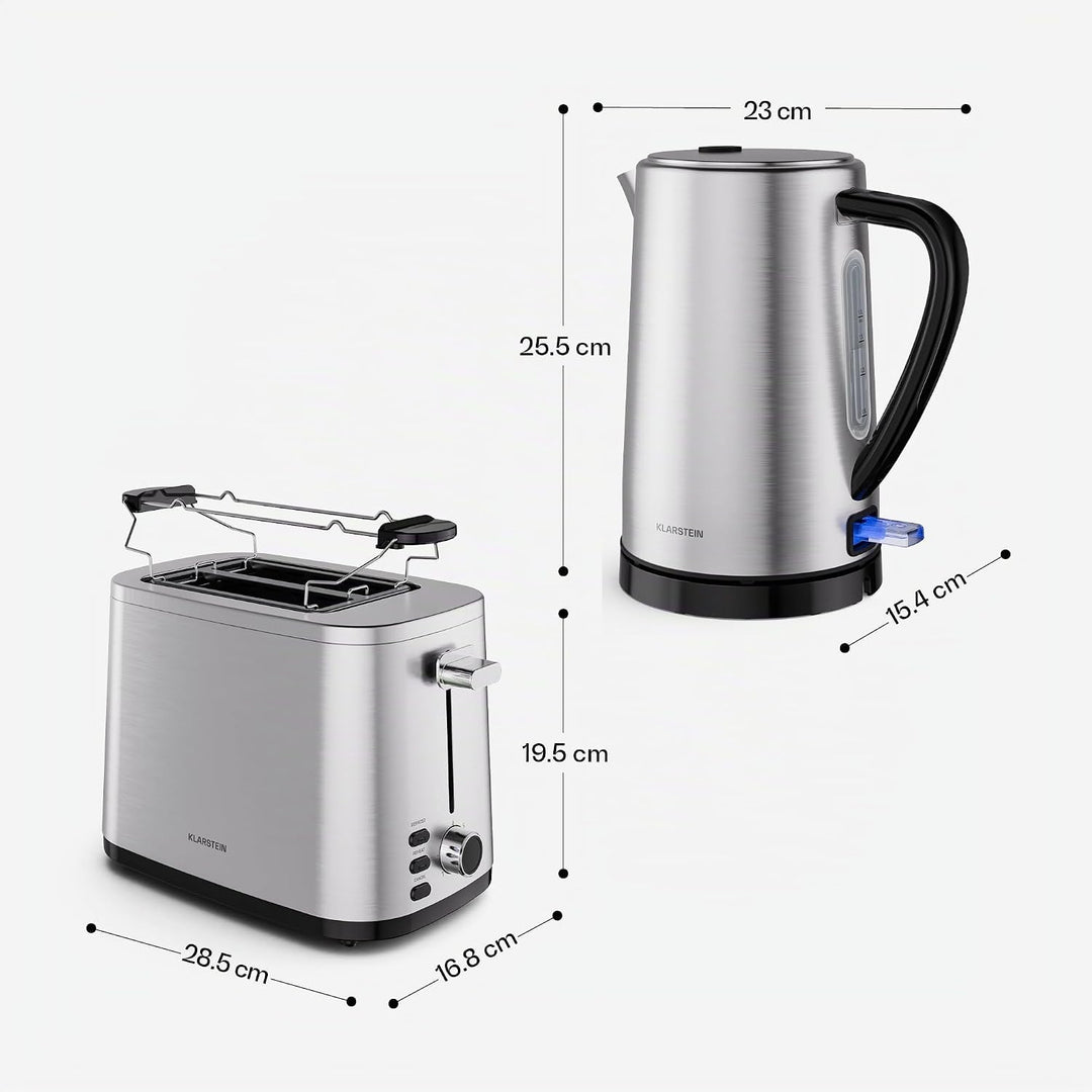 Klarstein Verosteel Toaster Wasserkocher Set - Edelstahl, 2 Scheiben Toaster mit 7 Bräunungsstufen &amp;