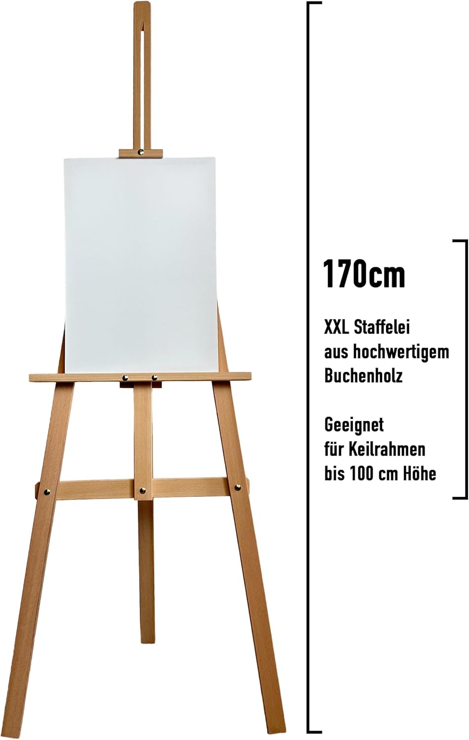 XXL Staffelei Gross 170 cm aus Buchenholz für Leinwand bis 100 cm. Geeignet für Kinder und Erwachsen