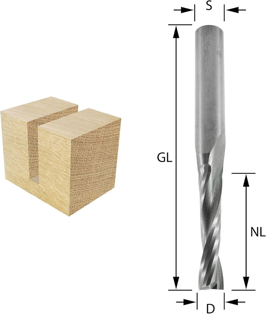 ENT 10026 Spiralnutfräser VHW, Schaft (S) 8 mm, Durchmesser (D) 6 mm, NL 22 mm, GL 70 mm D=6 / NL=22