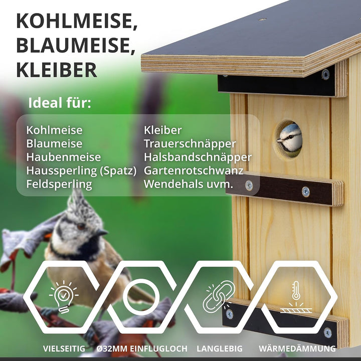 Nistkasten Vögel 32 mm Einflugloch aus Massivholz – Vogelhaus für Meisen, Sperlinge &amp; Höhlenbrüter –