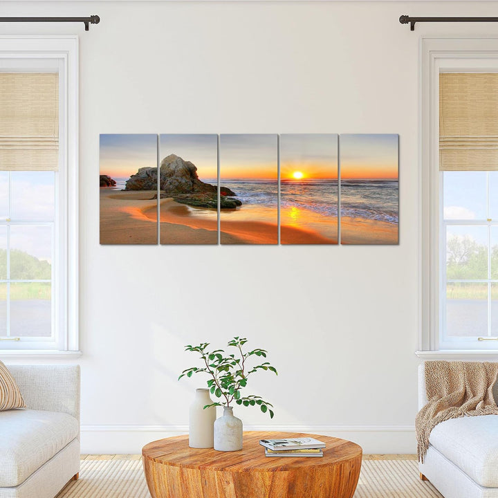Runa Art Wandbild XXL Sonnenaufgang Strand Schlafzimmer Wohnzimmer 200 x 80 cm Orange 5 Teilig - Mad