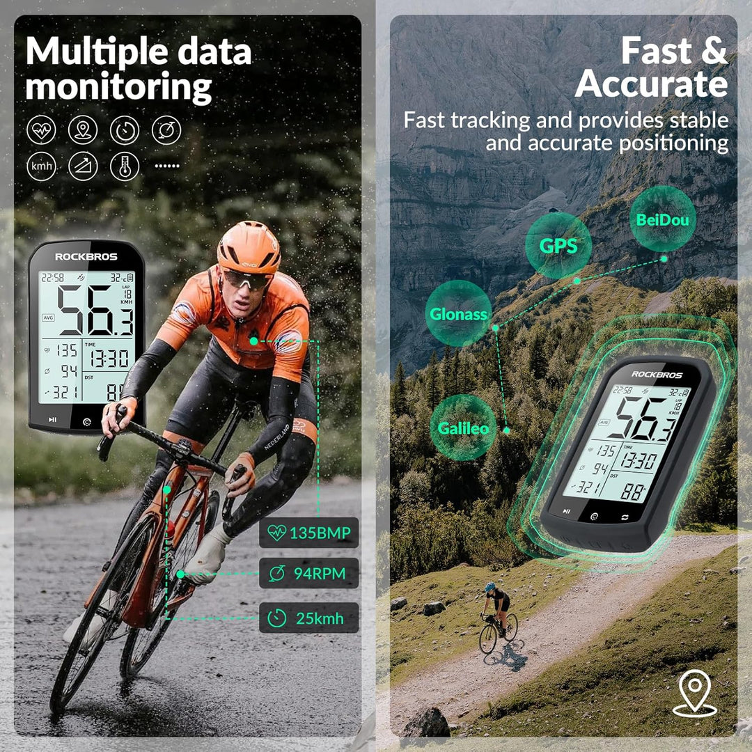 ROCKBROS Fahrradcomputer Kabellos GPS IPX6 wasserdichte Fahrrad Tachometer und Kilometerzähler mit 2