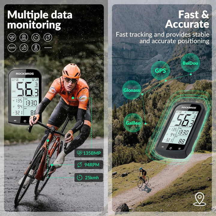 ROCKBROS Fahrradcomputer Kabellos GPS IPX6 wasserdichte Fahrrad Tachometer und Kilometerzähler mit 2