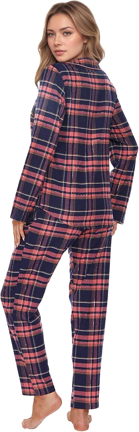 Mnemo Home Damen Schlafanzug Lang Flanell Pyjama Damen 100% Baumwolle aus Flanell Blaures Pulver mit