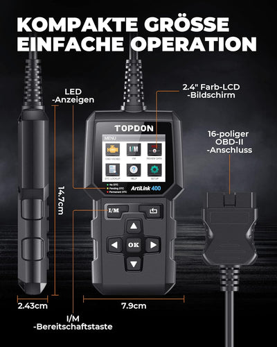 TOPDON AL400 OBD2 Diagnosegerät, 10 OBD2 Modi, One Touch I/M Bereitschaftstaste, lebenslange Updates