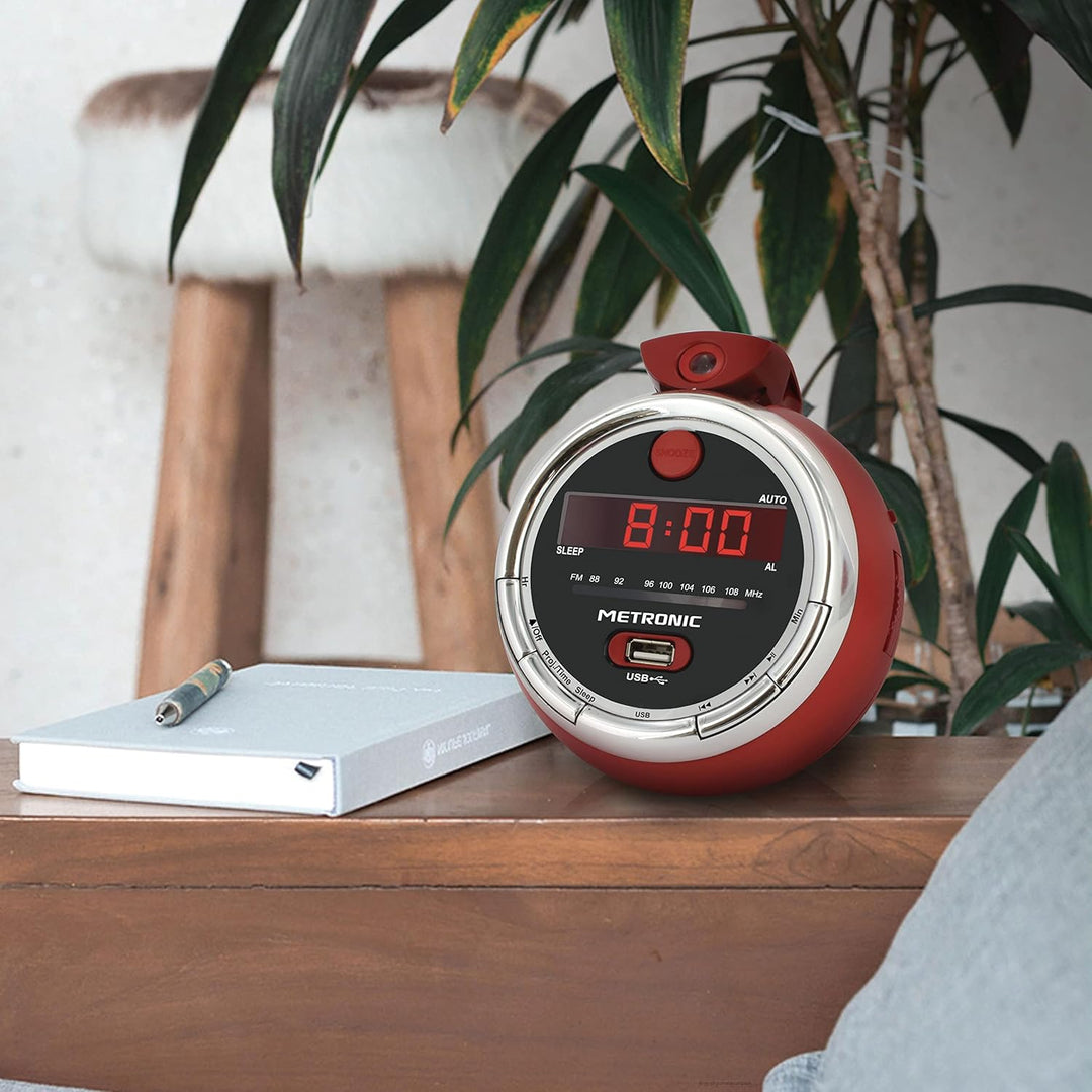 Metronic 477024 Radiowecker mit Projektion Radio FM Rote Anzeige Cherry, Rot