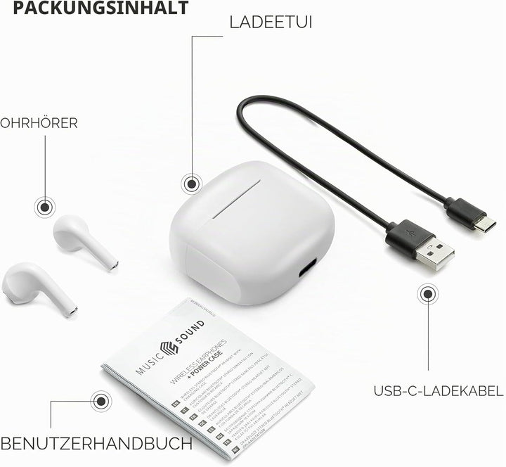 Music Sound | Swag - Kabelloses Kapsel-Headset - Wiedergabezeit bis 20 Stunden - Bluetooth - weiss,