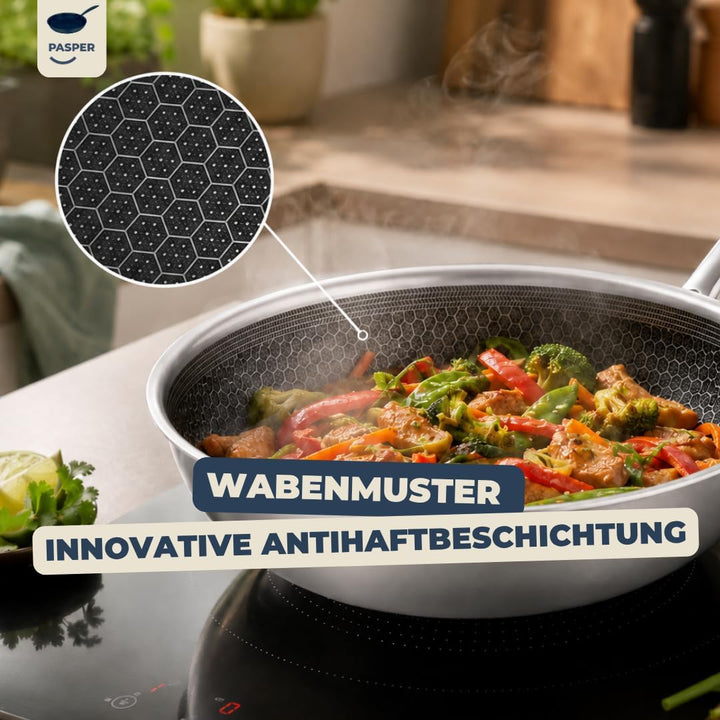 Wokpfanne Ø 28 cm – PFAS-frei – Induktion, Elektro, Keramik, Gas &amp; Backofen – Edelstahlpfanne mit kr