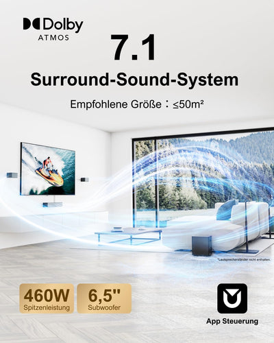 ULTIMEA 7.1 Surround Sound System für TV mit Dolby Atmos, App Steuerung, 4 kabelgebundene Surround-L