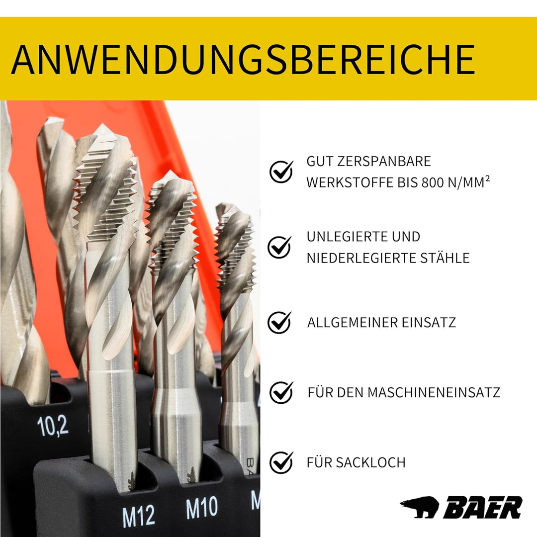 BAER Gewindeschneider Set HSSG: Maschinengewindebohrer Sackloch, Kernlochbohrer: M 3 - M 12 - Gewind