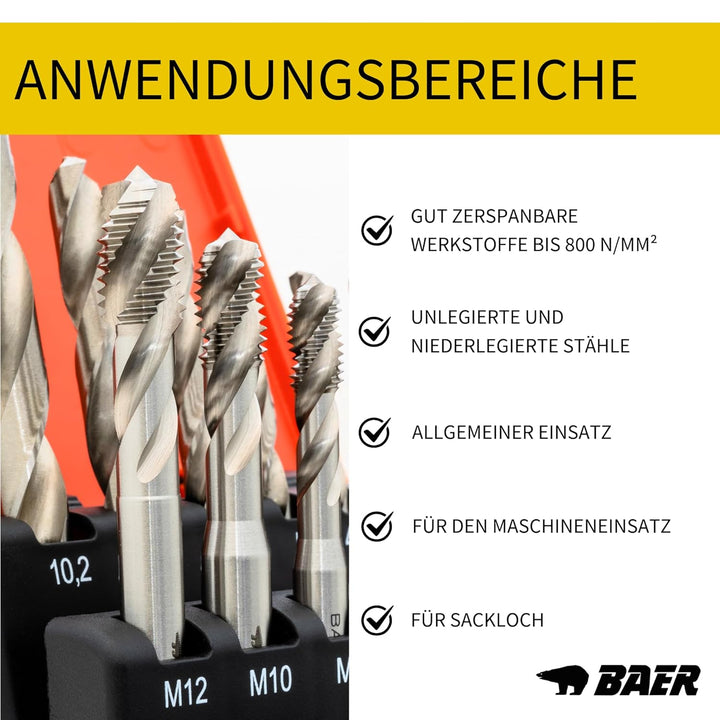 BAER Gewindeschneider Set HSSG: Maschinengewindebohrer Sackloch, Kernlochbohrer: M 3 - M 12 - Gewind