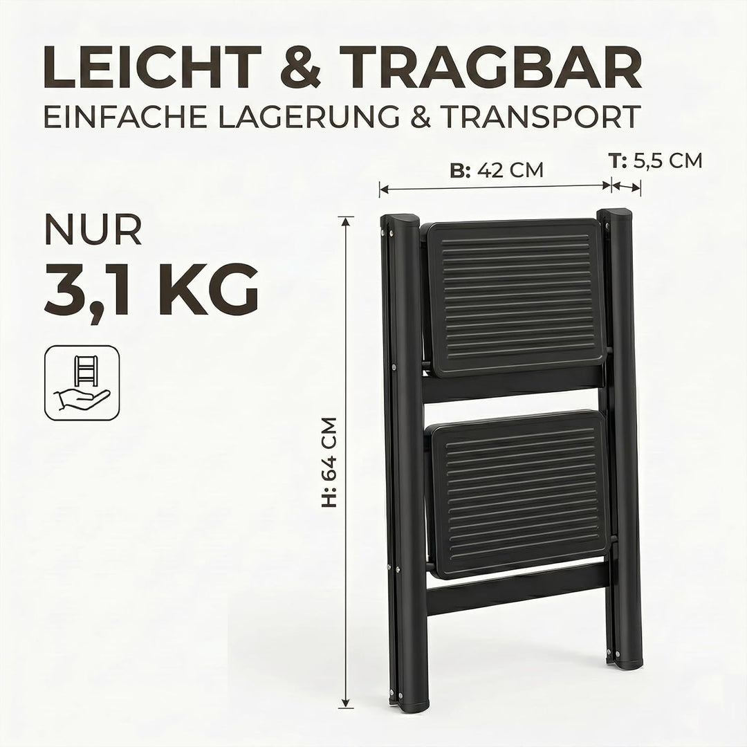 Trittleiter 2 Stufen Klappbar, stufenleiter,Leiter mit breitem Anti-Rutsch-Pedal, Tritthocker mit 15