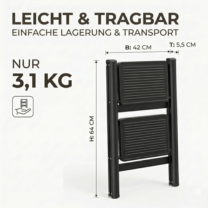 Trittleiter 2 Stufen Klappbar, stufenleiter,Leiter mit breitem Anti-Rutsch-Pedal, Tritthocker mit 15
