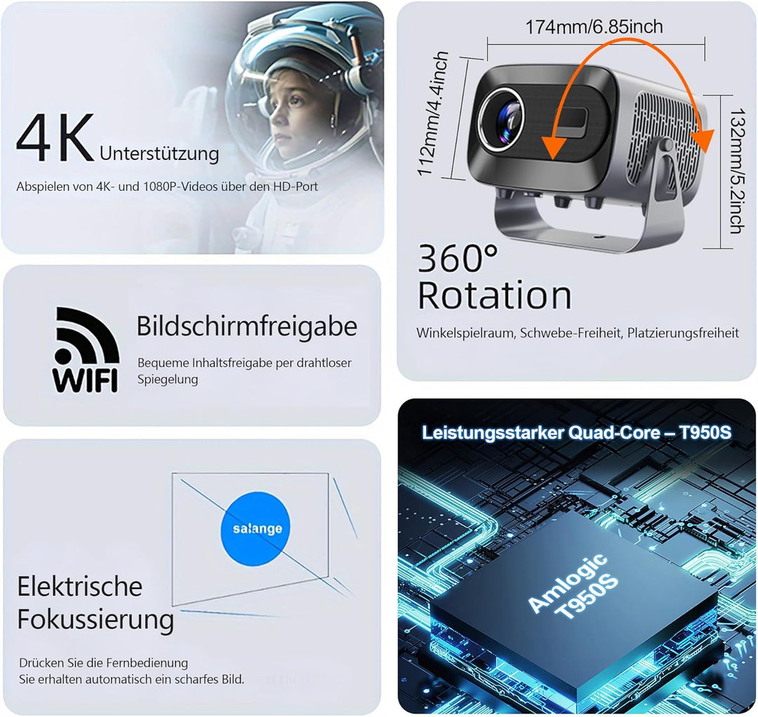 Mini Smart Beamer 4K Heimkino, Unterstützt 1080P, Tragbarer Projektor mit WiFi 6 und Bluetooth 5, El