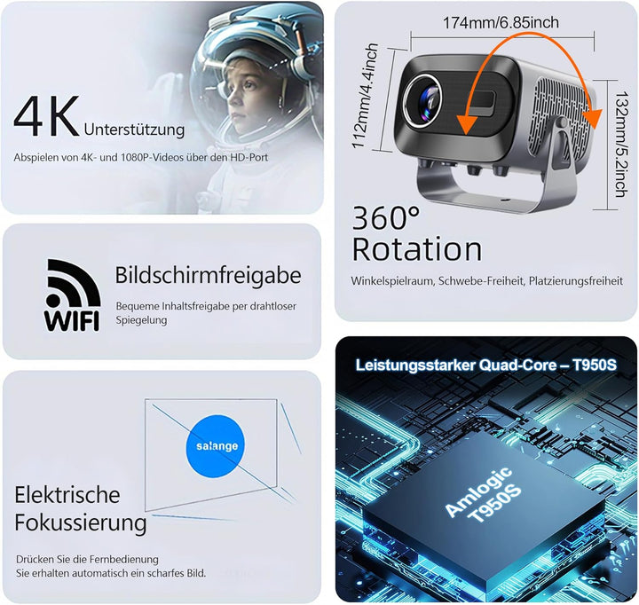 Mini Smart Beamer 4K Heimkino, Unterstützt 1080P, Tragbarer Projektor mit WiFi 6 und Bluetooth 5, El