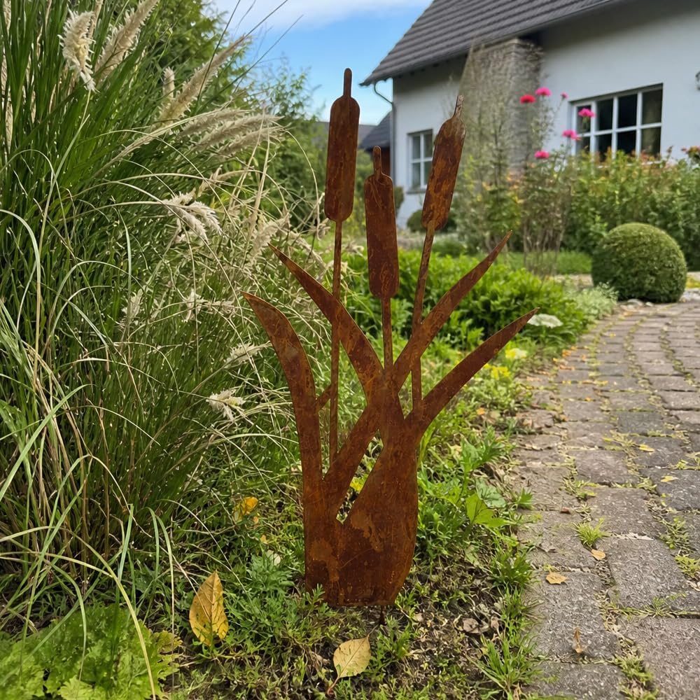 Gartenstecker Rost Schilfgräser, Gartenstecker Metall, Gartendeko Rost für Draussen, Edelrost Garten