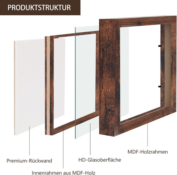 Muzilife 3D Bilderrahmen zum Befüllen mit Glasscheibe 22x22 cm-Tiefer Holz Rahmen, Objektrahmen Shad