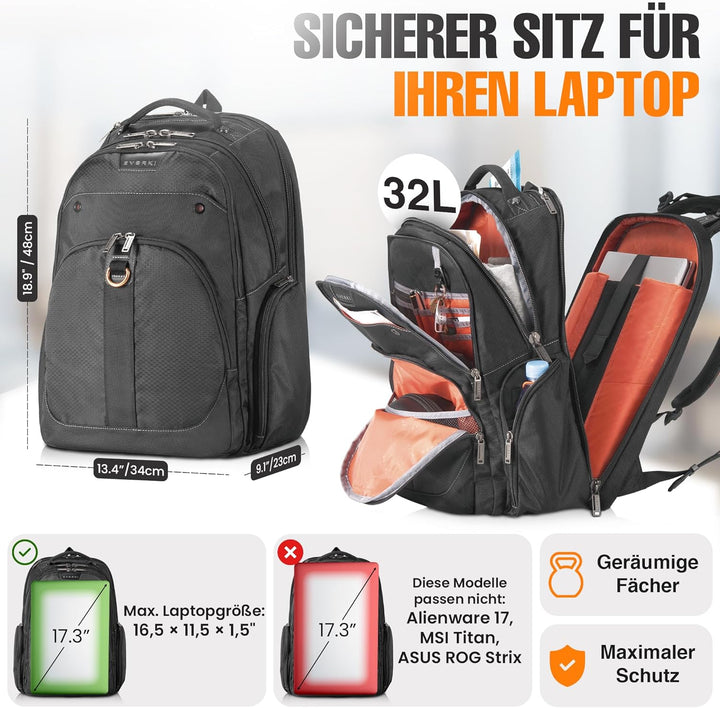 Everki Atlas Business-Laptoprucksack 32 L für 13–17,3 Zoll – ergonomischer, reisefreundlicher Notebo