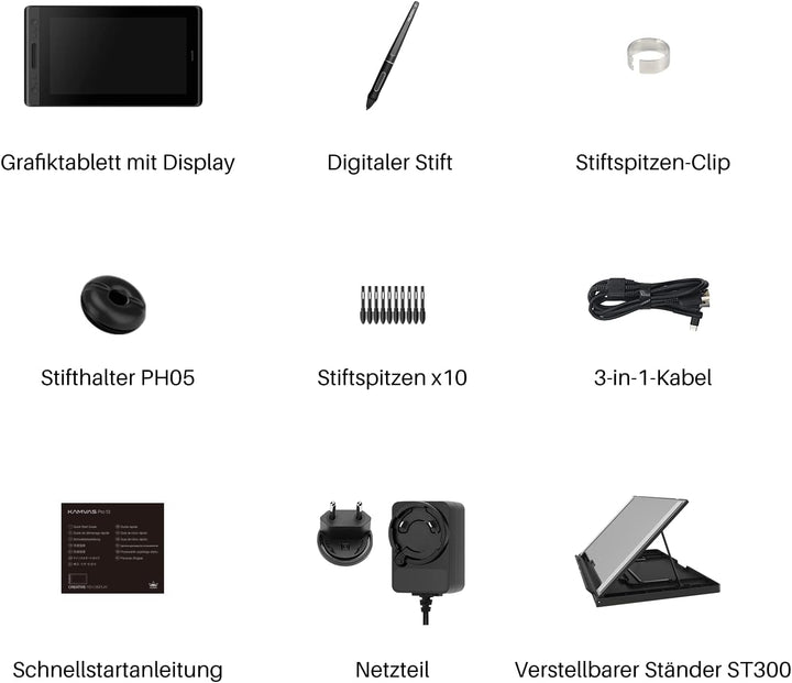 HUION Kamvas Pro 13 Grafiktablett mit Display, 13,3 Zoll HD Pen Batterieloser Stift PW507, Verstellb