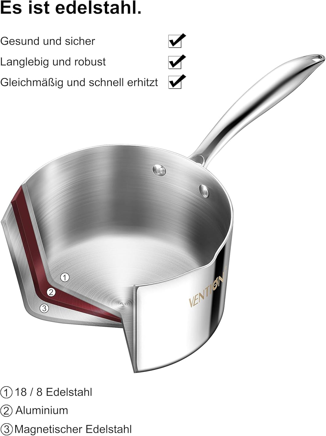 VENTION Stielkasserolle Induktion, Kochtopf Klein mit Deckel 14 cm, 1 Liter Stieltopf mit Ausgiesser