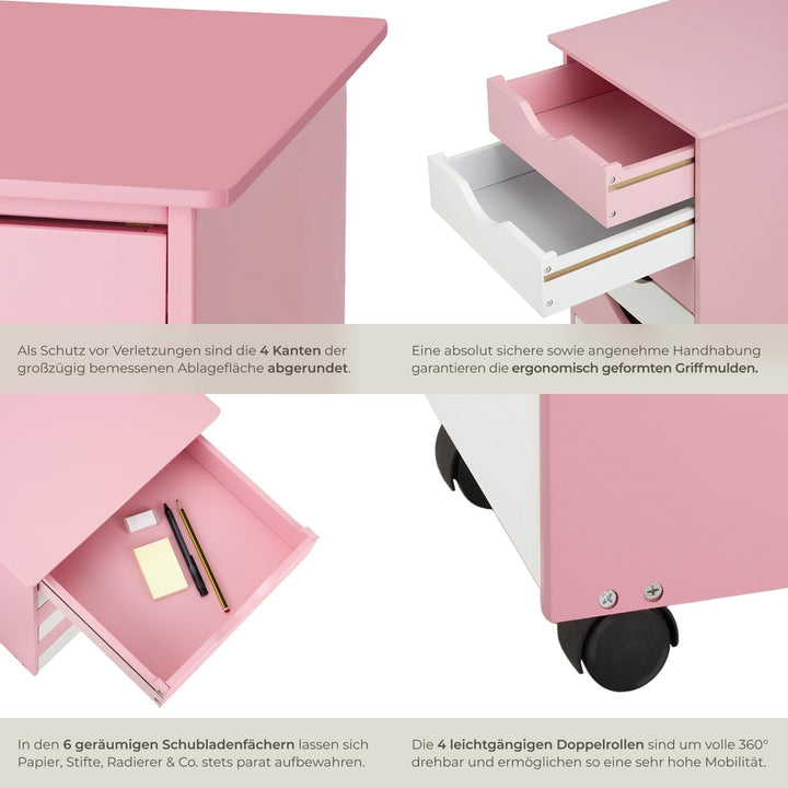 TecTake 800055 Rollcontainer mit Rollen und 6 Schubladen - diverse Farben - (Pink | Nr. 400924), Pin