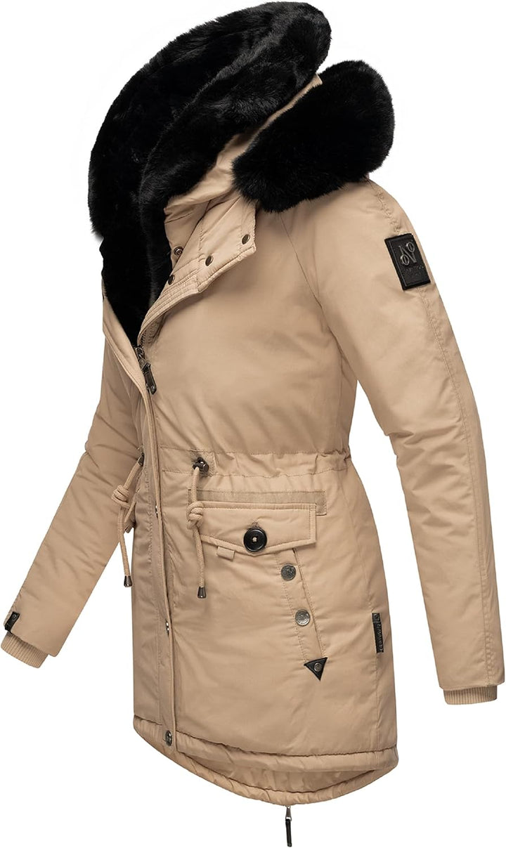 Navahoo Damen Warmer Winterparka mit doppelter Kunstpelz-Kapuze Sweety Deluxe XS-XXL XS Taupe, XS Ta
