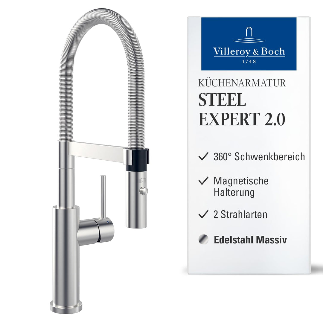 Villeroy & Boch Steel Expert 2.0 | Hochdruck | Einhand-Küchenarmatur mit schwenkbarem Auslauf und Um