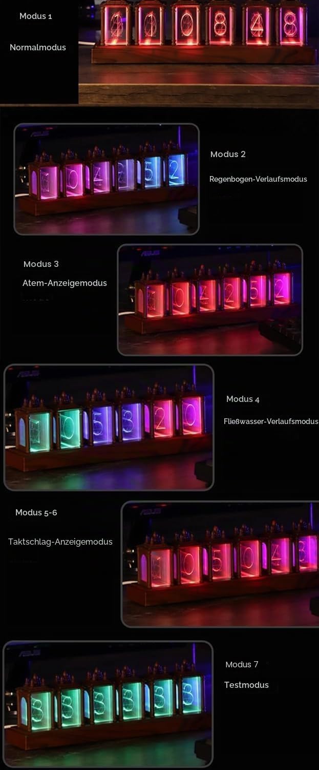 Nixie Röhrenuhr Walnuss Digitaluhr, 12/24h Alarm &amp; Display, Einstellbare Helligkeit und Farbe Nachtl