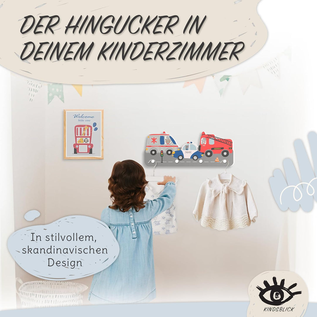Rettungsautos Kindergarderobe in Bunt inkl. niedlichem A4 Poster - Kinder Garderobe Deko mit 4 Haken