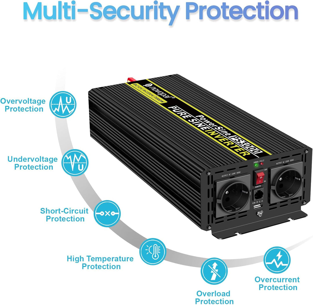NOVOPAL 3000W Wechselrichter 12v Auf 230v Reiner Sinus Spannungswandler mit 2 EU-Steckdose und Einer