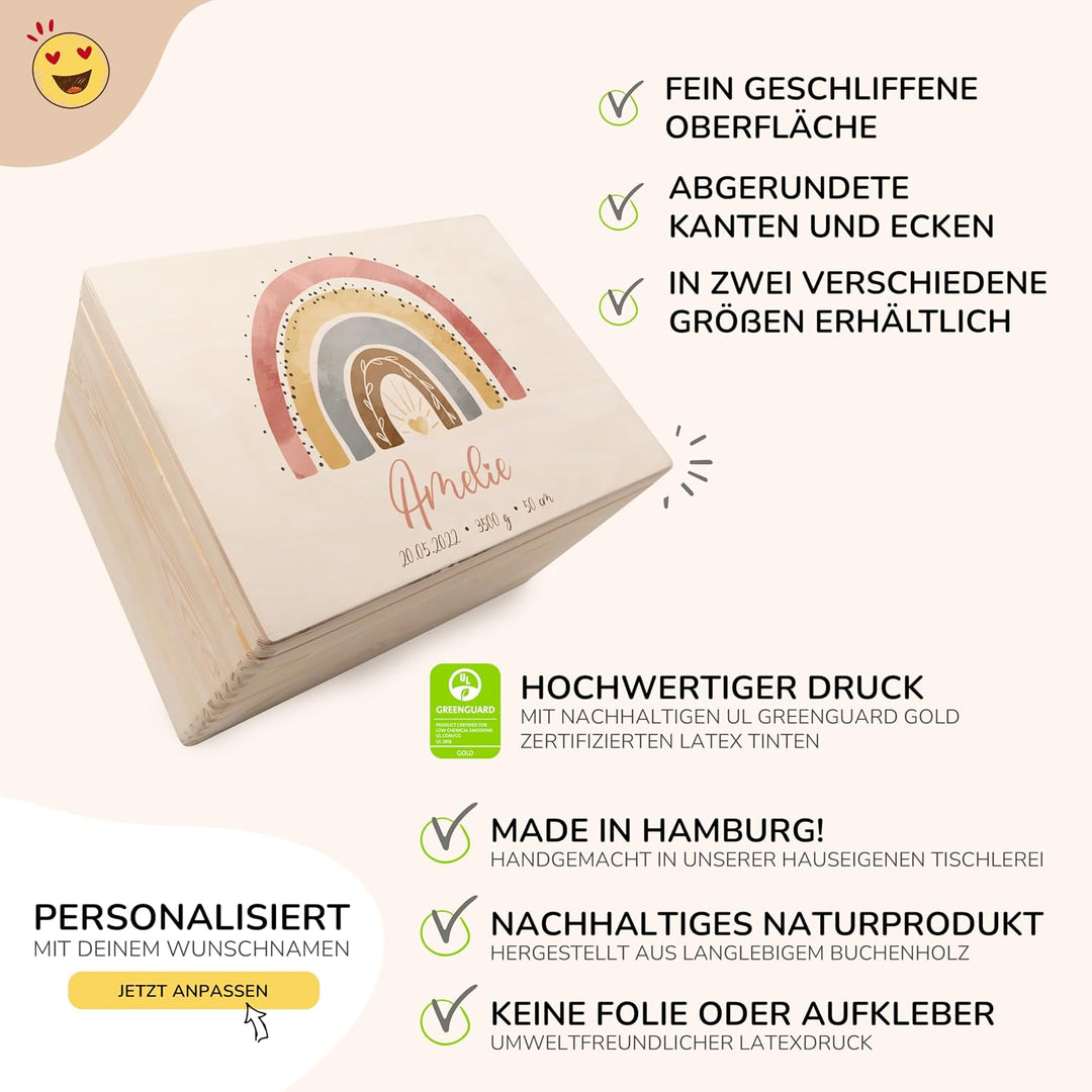 KIDSMOOD - Erinnerungsbox Baby, personalisierte Holzkiste mit Deckel, Ideal zur Aufbewahrung von Eri
