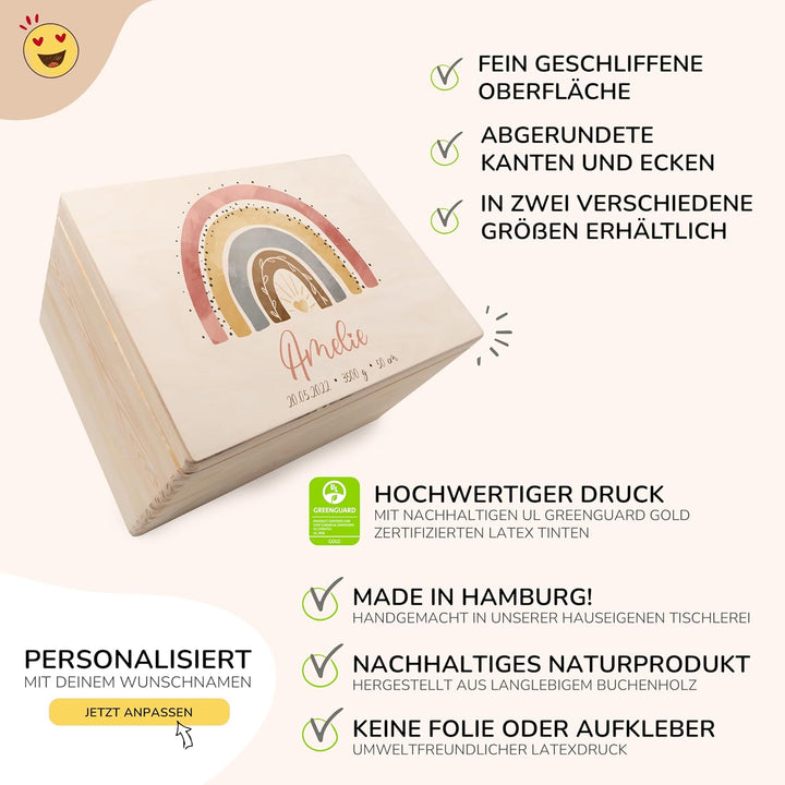 KIDSMOOD - Erinnerungsbox Baby, personalisierte Holzkiste mit Deckel, Ideal zur Aufbewahrung von Eri
