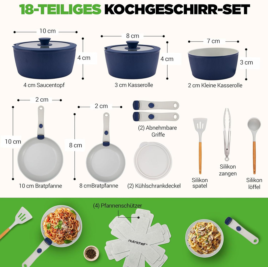 NutriChef Topfset 18 Teilig Keramik Blau mit Abnehmbaren Griffen Induktion Topf und Pfannenset Antih