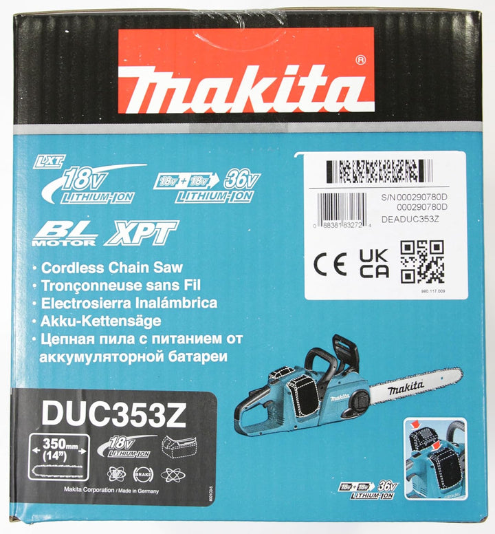 Makita DUC353Z Akku-Kettensäge 2x18 V (ohne Akku, ohne Ladegerät), Schwarz, Blau, 12 x 600