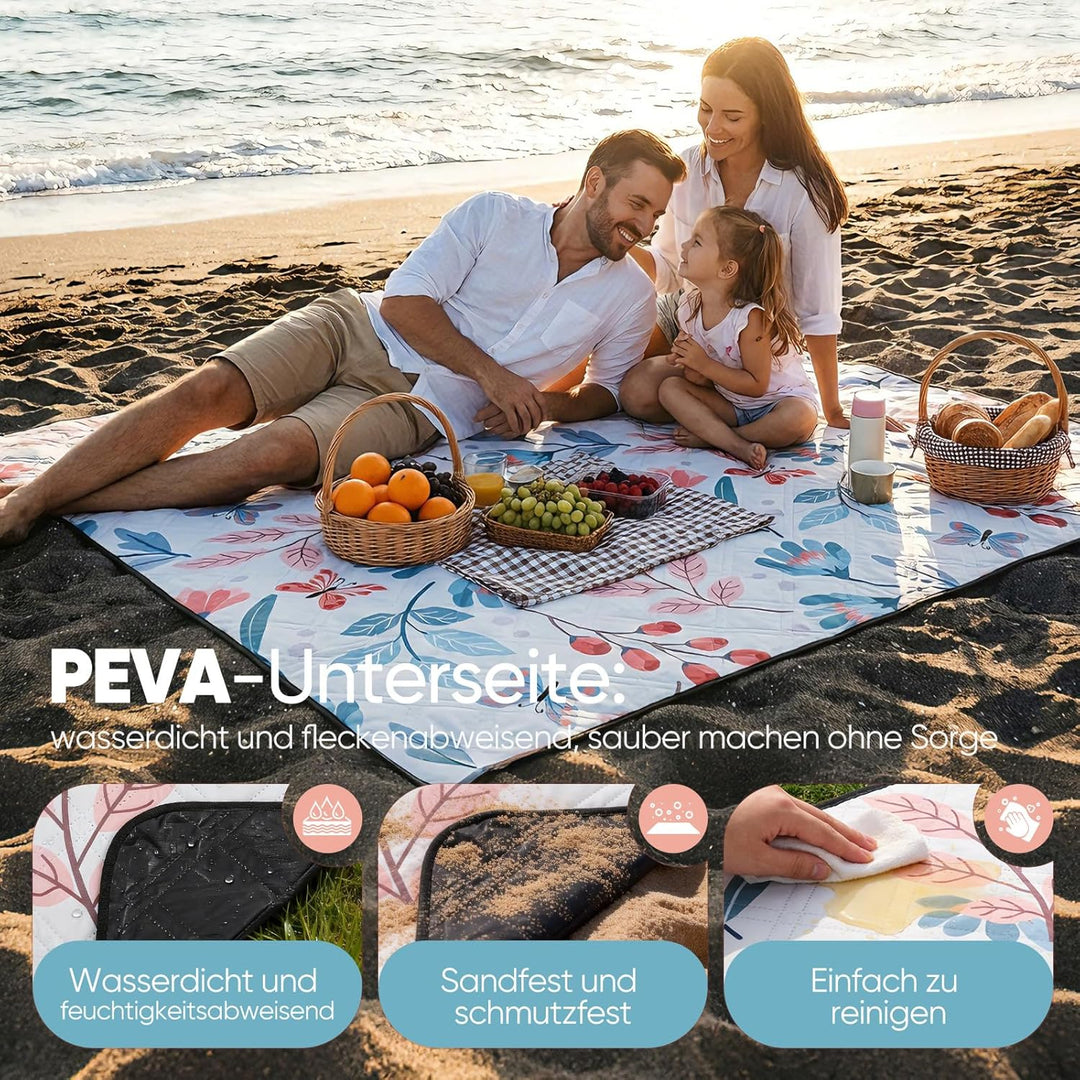 Sekey Picknickdecke Wasserdicht 200x200 cm, Stranddecke Sandfrei | Gepolstert, Dreischichtige Strukt