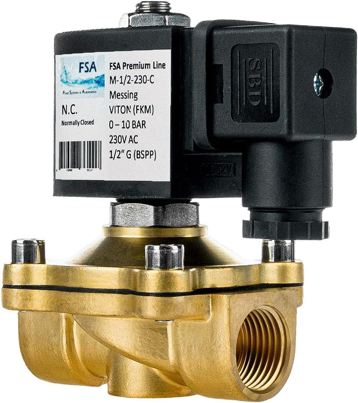 FSA Magnetventil Messing 1/2" 230V AC 0-10 bar Viton stromlos geschlossen, 1/2" 230v Ac