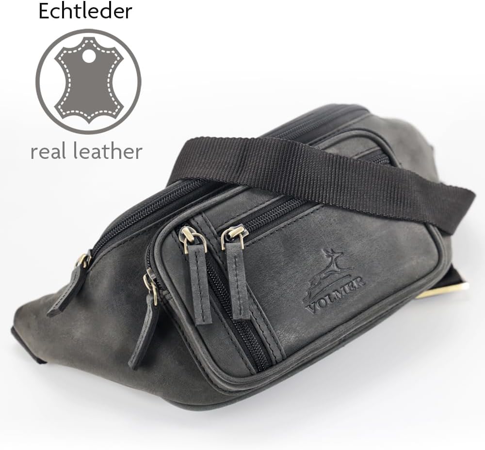 Fa.Volmer ® Bauchtasche | Gürteltasche | Hüfttasche in Echt-Leder für Damen und Herren | Anthrazit-g
