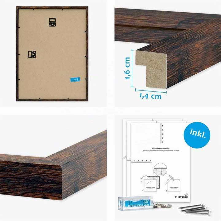 PHOTOLINI dunkel Eiche Bilderrahmen Set verschiedene Grössen, 6 Bilderrahmen braun Holz MDF, Bilder