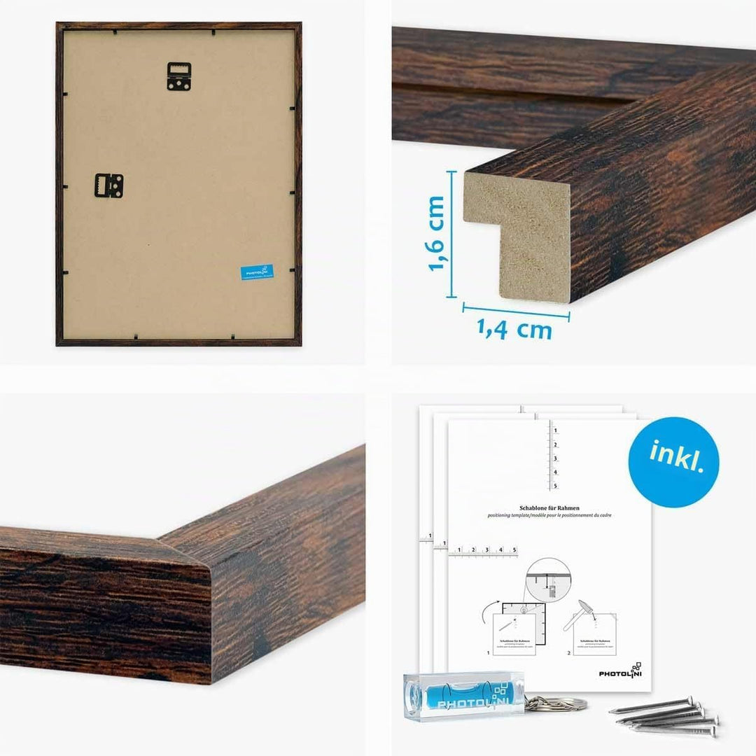 PHOTOLINI Bilderrahmen-Set MDF-Holz Eiche Dunkel, 17er Rahmenset Posterrahmen, bruchsicheres Acrylgl