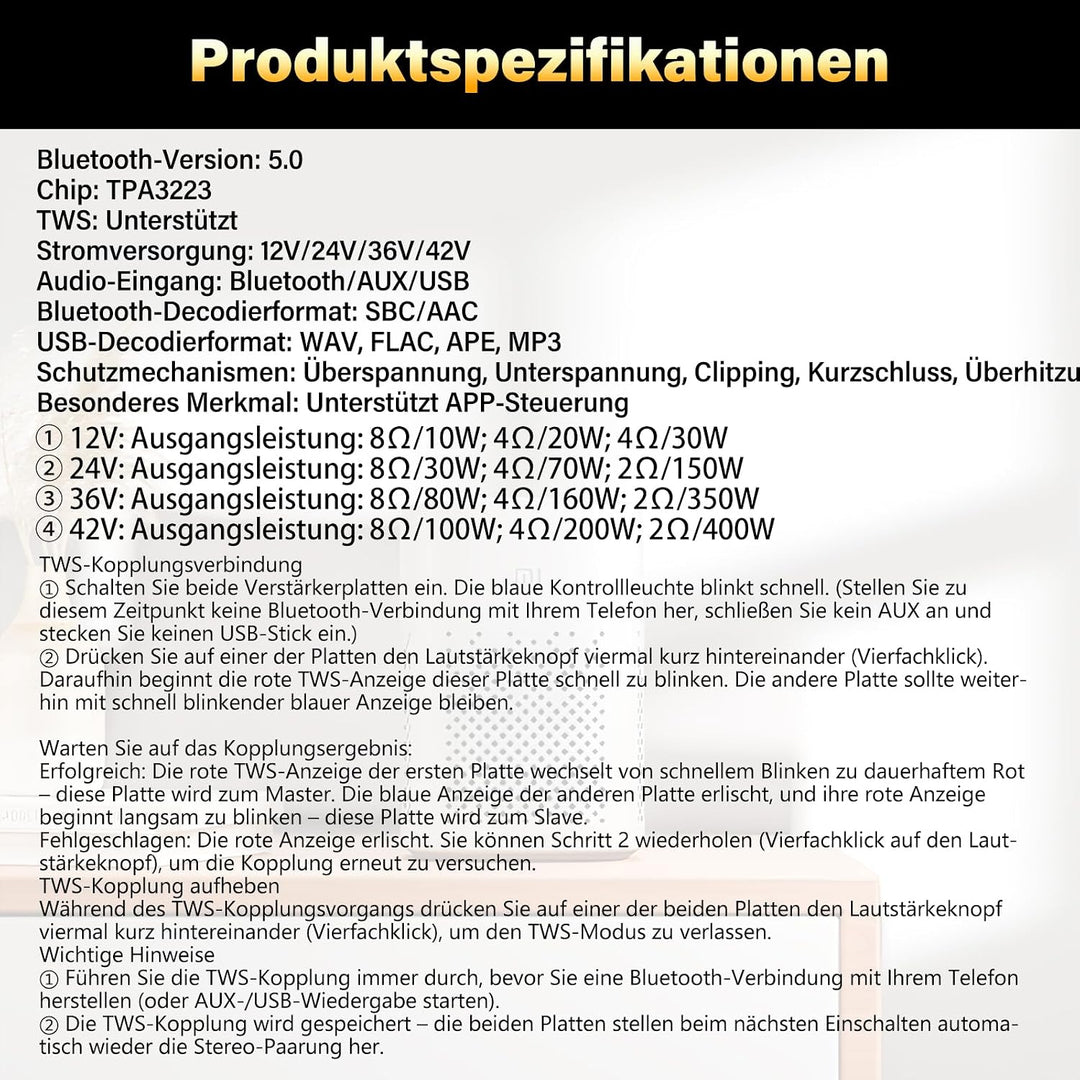 Mini Mono Verstärker mit Bluetooth, 400W Subwoofer HiFi Verstärker TWS Digitaler Stereo Endverstärke