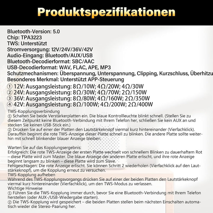 Mini Mono Verstärker mit Bluetooth, 400W Subwoofer HiFi Verstärker TWS Digitaler Stereo Endverstärke