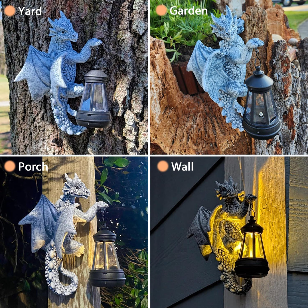 Yeomoo Drachen Figuren mit Solarlampen Baumstamm Gartendeko für Draussen: Lustige Drachen Gartenfigu