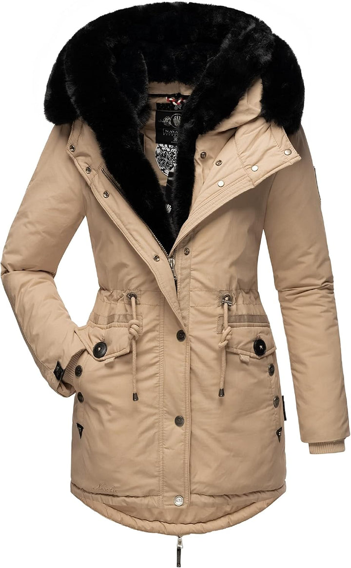 Navahoo Damen Warmer Winterparka mit doppelter Kunstpelz-Kapuze Sweety Deluxe XS-XXL XS Taupe, XS Ta