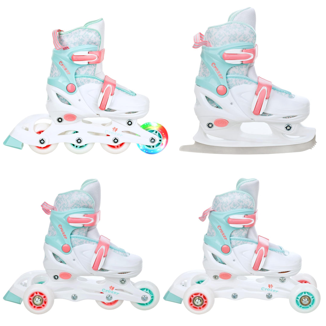 4in1 Inlineskates/Triskates/Rollschuhe/Schlittschuhe Croxer Inez verstellbar mit LED leuchtendem Rad