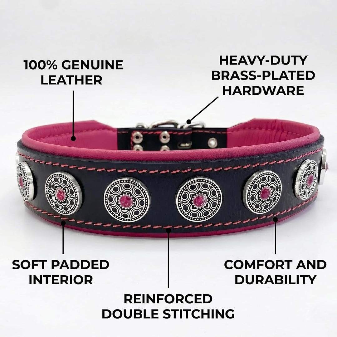 Bestia Pet BC1LPK1 Bijou Lederhalsband, Handarbeit, Top Qualität, 5 cm breit, L, schwarz und pink, L