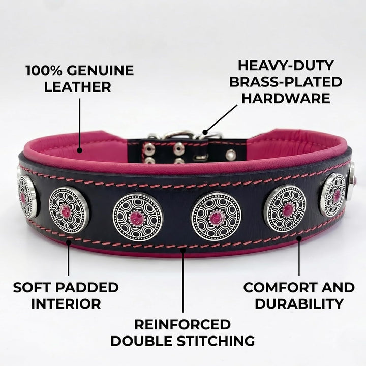 Bestia Pet BC1LPK1 Bijou Lederhalsband, Handarbeit, Top Qualität, 5 cm breit, L, schwarz und pink, L